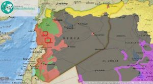 Красными квадратами отмечены места авиаударов российских самолетов. Эта территория окрашена зеленым цветом. На карте разными цветами обозначены: красный — территория контролируемая Асадом; зеленый — повстанцами; желтый — курдами; серый — ИГИЛ.